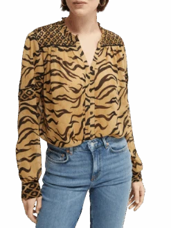 Scotch & Soda Printed Smocked Sheer Shirt