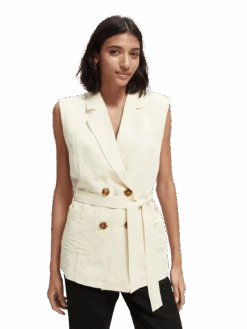 Scotch & Soda Belted Double-Breasted Gilet -Scotch & Soda 168691 Ecru MDL CRP