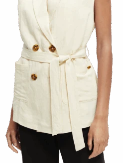 Scotch & Soda Belted Double-Breasted Gilet -Scotch & Soda 168691 Ecru NHD DTL1