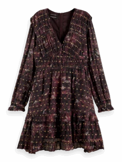 Scotch & Soda Ruffled Long Sleeved Jacquard Mini Dress -Scotch & Soda 169398 Midnight 20Slate FNT