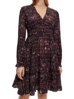 Scotch & Soda Ruffled Long Sleeved Jacquard Mini Dress -Scotch & Soda 169398 Midnight 20Slate MDL DTL1