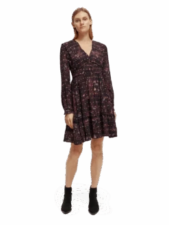 Scotch & Soda Ruffled Long Sleeved Jacquard Mini Dress -Scotch & Soda 169398 Midnight 20Slate MDL FNT