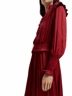 Scotch & Soda Smocked Midi Dress -Scotch & Soda 169621 Deep 20Raspberry NHD DTL1