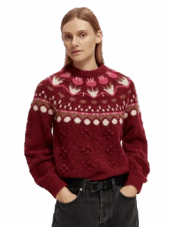 Scotch & Soda Cable Knit Fair Isle Sweater -Scotch & Soda 170040 Deep 20Raspberry MDL CRP