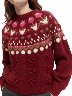 Scotch & Soda Cable Knit Fair Isle Sweater -Scotch & Soda 170040 Deep 20Raspberry MDL DTL1
