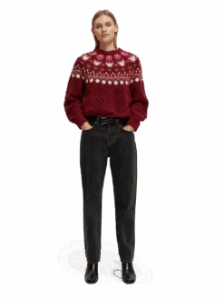 Scotch & Soda Cable Knit Fair Isle Sweater -Scotch & Soda 170040 Deep 20Raspberry MDL FNT