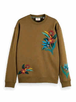 Scotch & Soda Relaxed Fit Embroidered Crewneck Sweatshirt -Scotch & Soda 172636 Khaki FNT