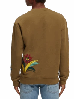 Scotch & Soda Relaxed Fit Embroidered Crewneck Sweatshirt -Scotch & Soda 172636 Khaki NHD BCK