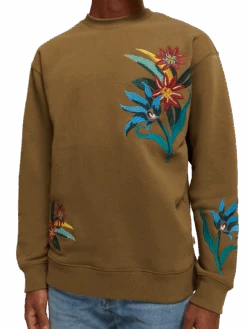 Scotch & Soda Relaxed Fit Embroidered Crewneck Sweatshirt -Scotch & Soda 172636 Khaki NHD DTL1