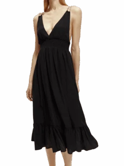Scotch & Soda Smocked Midi Strap Dress -Scotch & Soda 172819 Black NHD DTL1