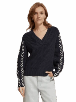 Scotch & Soda Lace Up Sleeve V-Neck Pullover