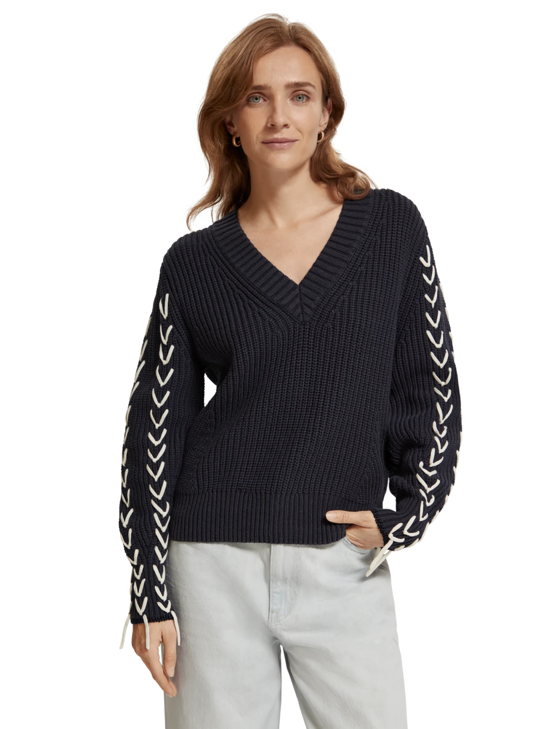 Scotch & Soda Lace Up Sleeve V-Neck Pullover 3 Scotch & Soda Lace Up Sleeve V-Neck Pullover